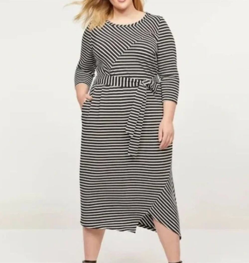 Lane Bryant Black White Stripe Midi Dress Stretch Knit Tie Waist  22 24